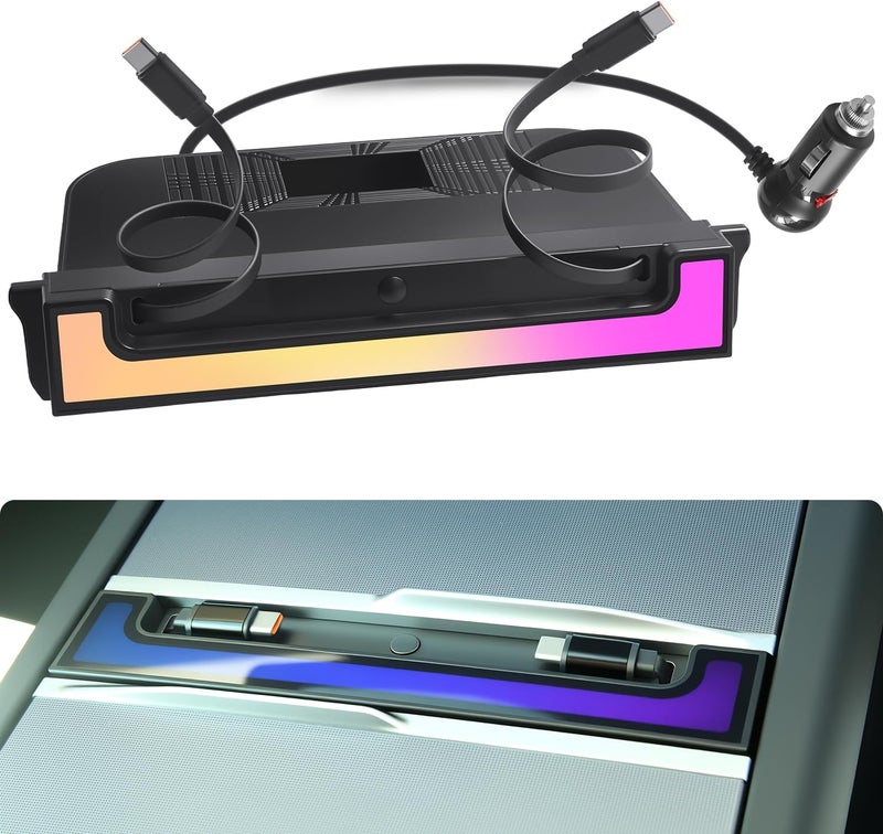 Arcoche USB Hub for Tesla Model Y Juniper 2025-2026 & Model 3 Highland 2024-2025, 120W USB-C Fast Charging with Retractable Cables, 2-Port Center Console Adapter with RGB Ambient Lighting - Image 1
